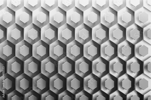 Background with abstract neatly arranged hexagons in black and white colors. Futuristic honeycomb with cells. 3D illustration.