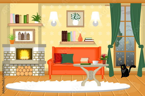 The interior of the living room. Cozy room with furniture. A fireplace, a sofa, a table. Cartoon. Vector.