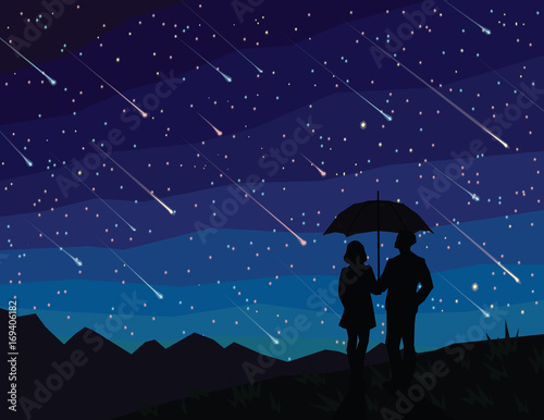 Starfall. Silhouette of couple under umbrella, watching falling stars. The starry night sky. Meteor shower.