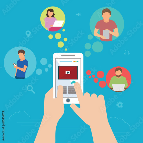 Global data sharing data concept vector illustration of young people using mobile smartphone to share posts and news in social networks. Flat hand holds smart phone to make repost of video and news.