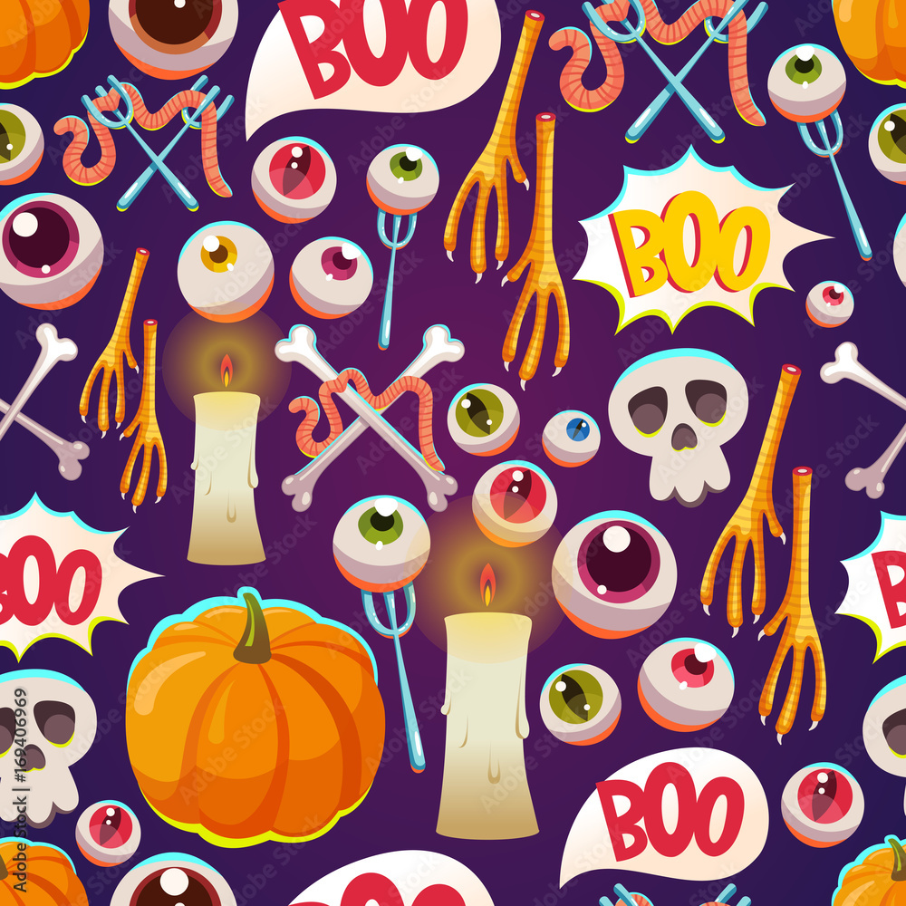 Seamless halloween pattern. Funny background with scary objects. Vector set with eyes, candle, skull, pumpkin, chicken feet, worm, bones in cartoon style.