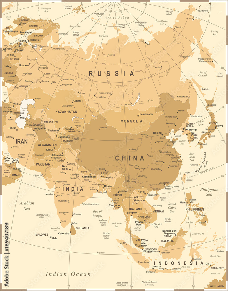Asia Map - Vintage Vector Illustration
