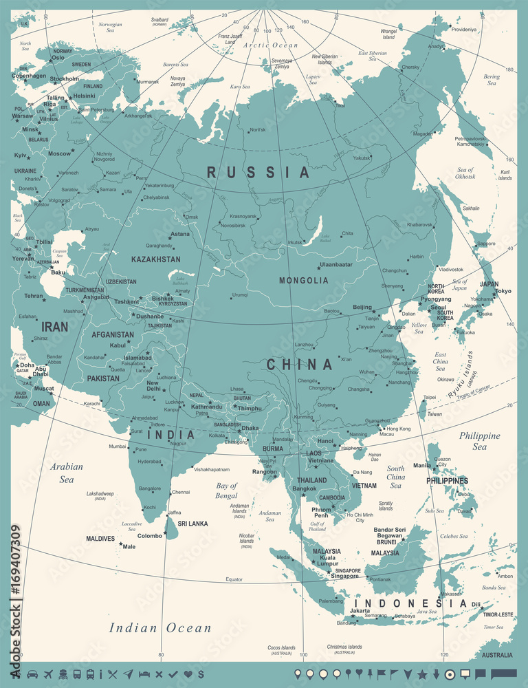 Obraz premium Asia Map - Vintage Vector Illustration