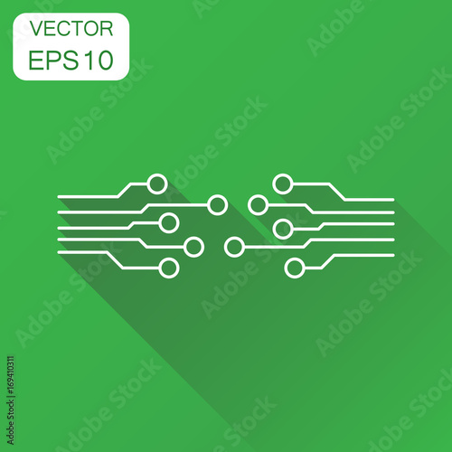 Circuit board icon. Business concept technology scheme pictogram. Vector illustration on green background with long shadow.