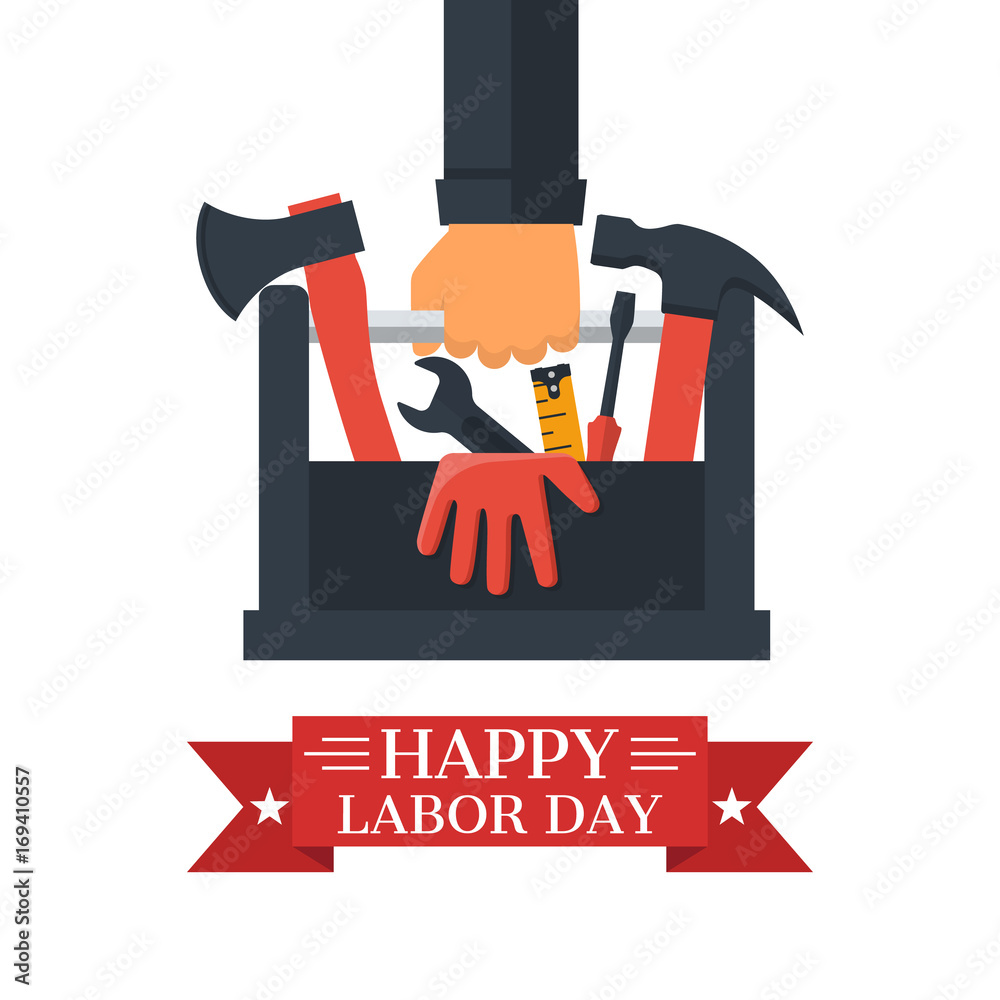 Happy Labor day, concept. Toolbox with tools in hands of builder. Hand