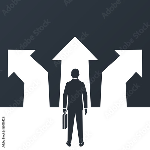 Choice way concept. Decision business metaphor. Vector flat design. Isolated on background. Businessman silhouette before choosing. Crossroads arrows. Decide direction. Human standing choice of ways.