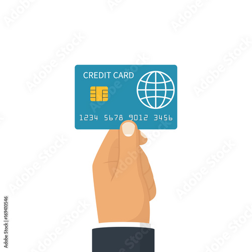 Credit card holding hand. Vector illustration, flat design style. Icon isolated on background. Sign paying. Money on plastic. Payment purchase by credit card. Finance transaction.