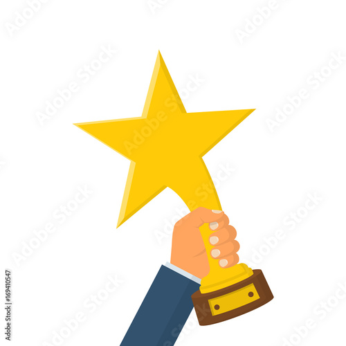 Stars awards hold in hand winner. Golden trophy. Vector illustration flat style design. Isolated on white background. First place. Victory prize. Winning achievement. Symbol of success, championship. 