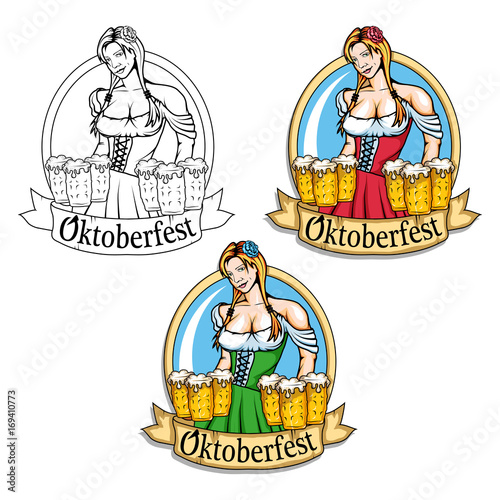 Oktoberfest Logo. Sexy cartoon girl with a glasses of beer in her hands. Pretty bavarian woman dressed in traditional costume.Young waitress isolated on white background.