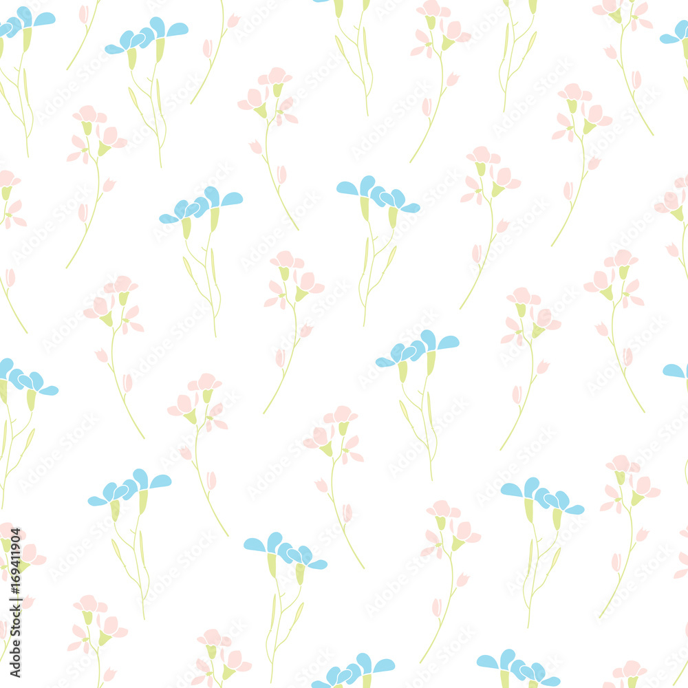 Blue and pink elegant meadow flowers seamless vector pattern