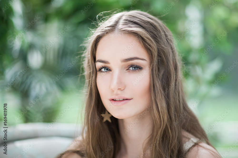 Portrait of Beautiful Woman Outdoors, Pretty Female Face Closeup Portrait of Beautiful Woman Outdoors, Pretty Female Face Closeup