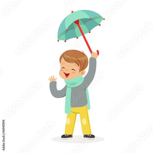 Cute little boy holding umbrella playing in the rain cartoon vector Illustration
