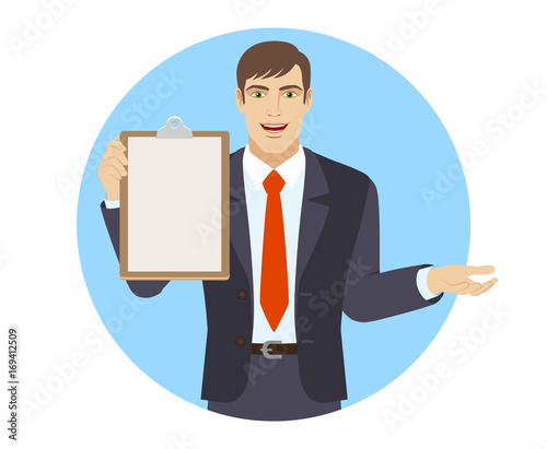 Businessman holding the clipboard and gesturing