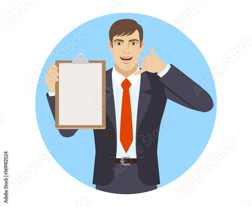 Businessman holding the clipboard and showing a call me sign