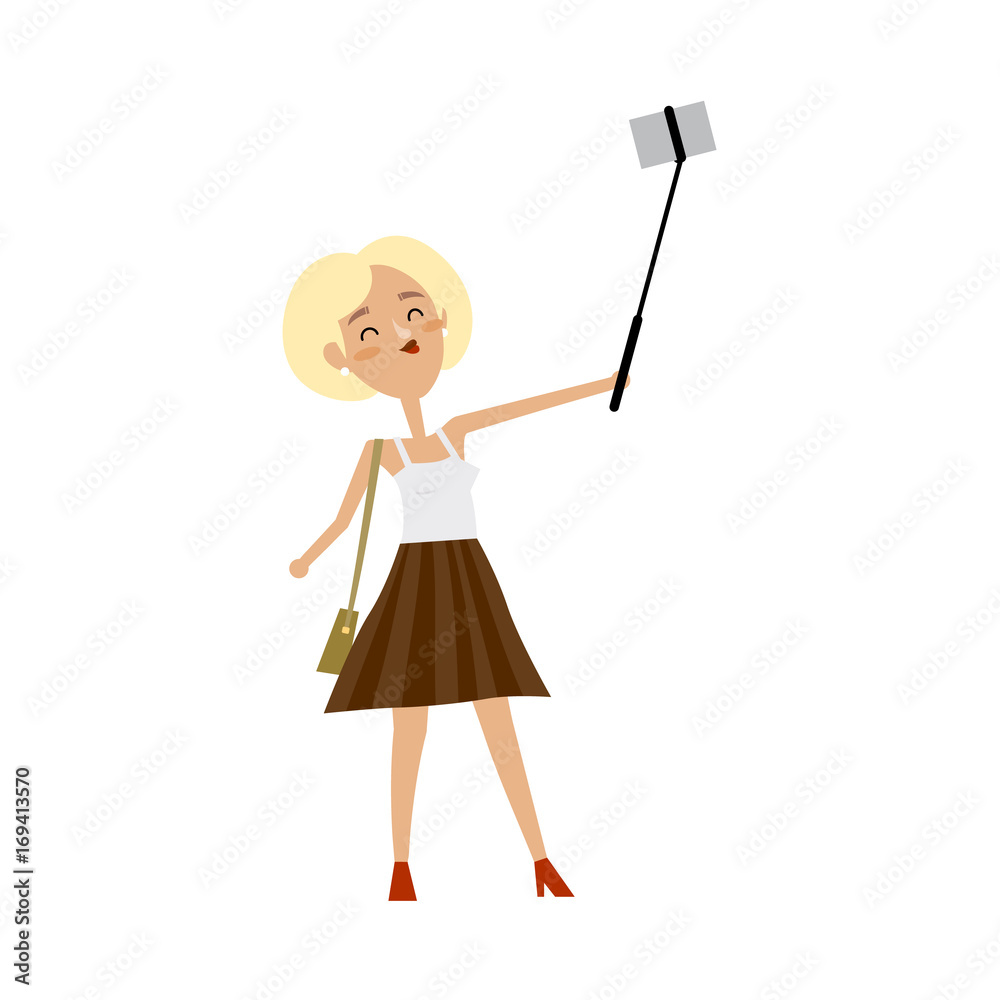 Pretty girl, young woman making selfie with phone and monopod, flat style cartoon vector illustration isolated on white background. Pretty woman, beautiful girl making selfie with her smarphone Pretty girl, young woman making selfie with phone and monopod, flat style cartoon vector illustration isolated on white background. Pretty woman, beautiful girl making selfie with her smarphone