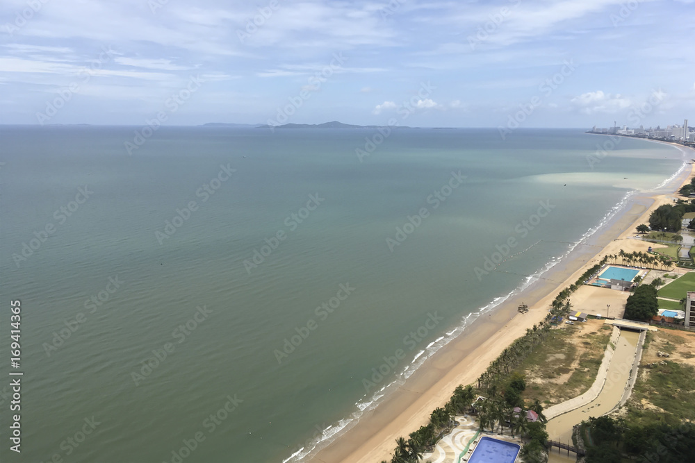 Dramatic atmosphere panorama Aerial view of beautiful beach and summer blue sky and clouds.
