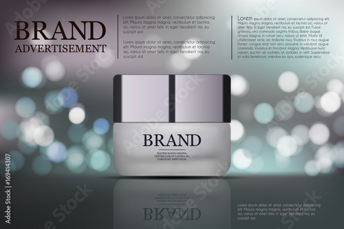 Beauty anti aging cream ad. Cosmetics package design. 3d vector beauty illustration. Moisturizing facial cream mask glass jar on sparkling liquid background with water bubbles. Product package mock-up