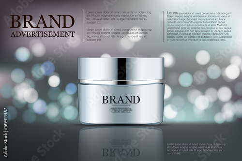 Beauty anti aging cream ad. Cosmetics package design. 3d vector beauty illustration. Moisturizing facial cream mask glass jar on sparkling liquid background with water bubbles. Product package mock-up