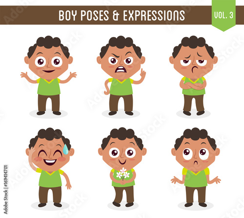 Character design set of a cute black boy in different poses. Cartoon style illustration, isolated on white background. Body gestures and facial expressions. Vector illustration. Set 3 of 8.