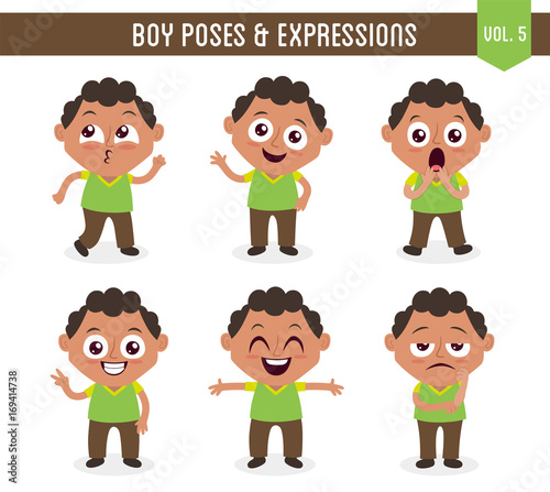 Character design set of a cute black boy in different poses. Cartoon style illustration, isolated on white background. Body gestures and facial expressions. Vector illustration. Set 5 of 8.