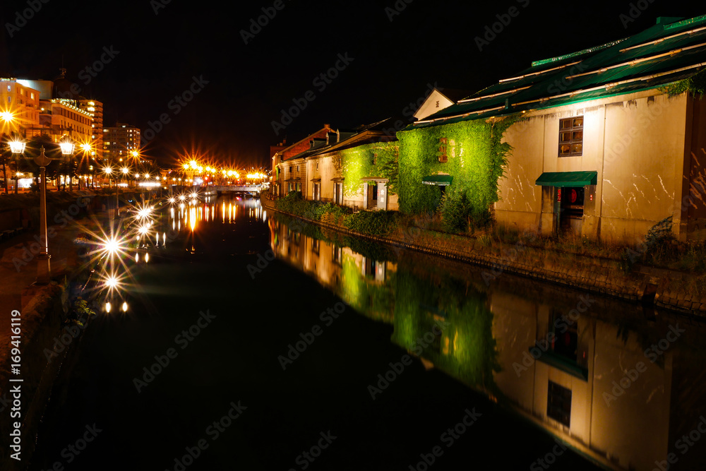 Beautiful at night landscape background scenery of  historic Otaru Canal and warehouse , Hokkaido