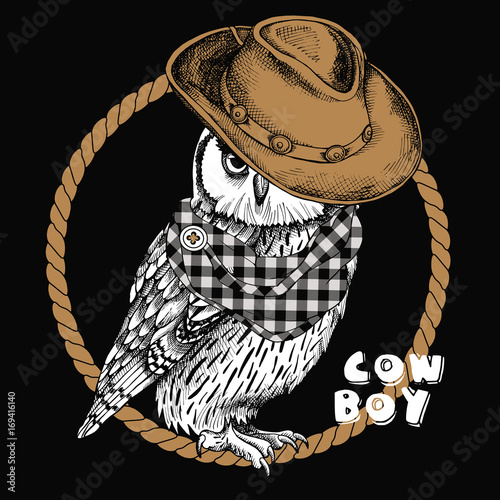 Owl in a brown cowboy hat and checkered cravat with rope frame. Vector illustration.