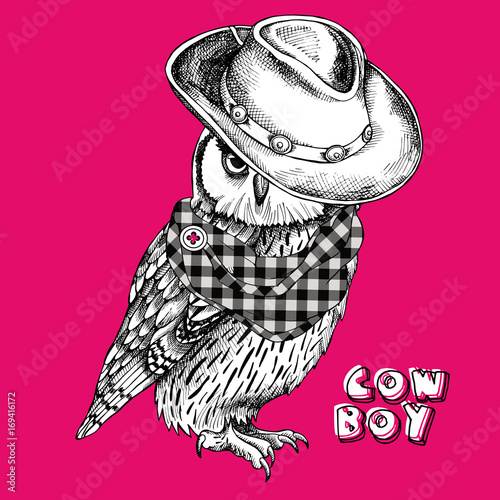 The image of an owl in a cowboy hat and checkered cravat on pink background. Vector illustration.