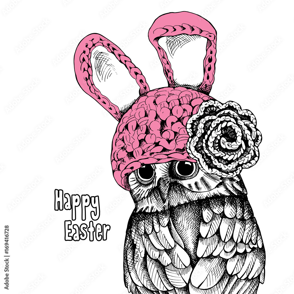 Obraz premium The image of the owl in the Bunny hat with knitted flower. Vector illustration.