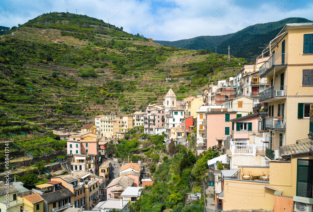 The small village of Manarola, with its colorful houses hanging to the hills alongside the main street, is one of the five town of the Cinque Terre in Liguria.
