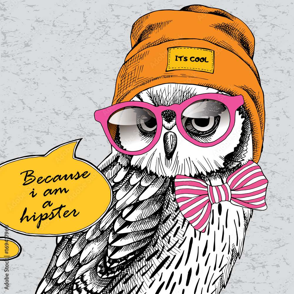 Obraz premium Owl portrait in a Hipster Hat and with glasses. Vector illustration.