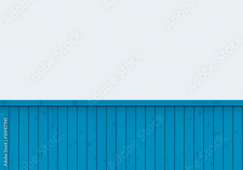 3d rendering. blue wood panels on white wall background