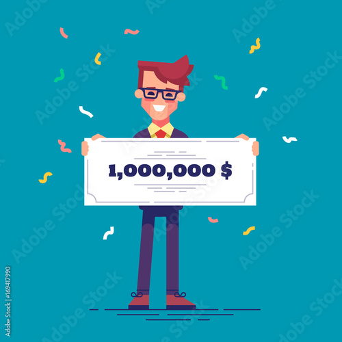 Happy man in formal suit is holding a bank check for a million dollars. Lottery gain concept. Vector illustration in flat design.