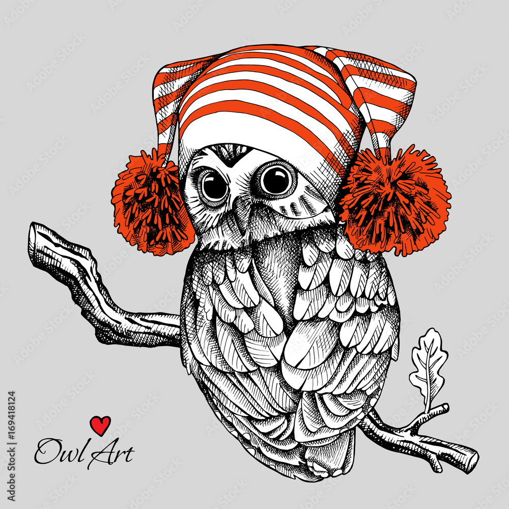 Obraz premium Owl in a red Hat with pom-pom on branch. Vector illustration.