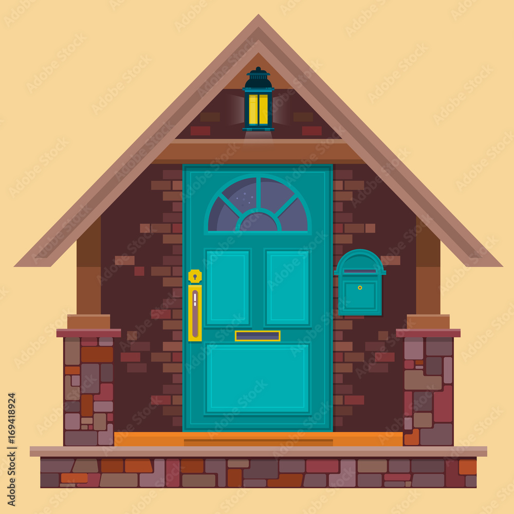 Aquamarine front door on the brown brick wall with lantern. Cartoon house  illustration. Vector building element. Stock Vector | Adobe Stock