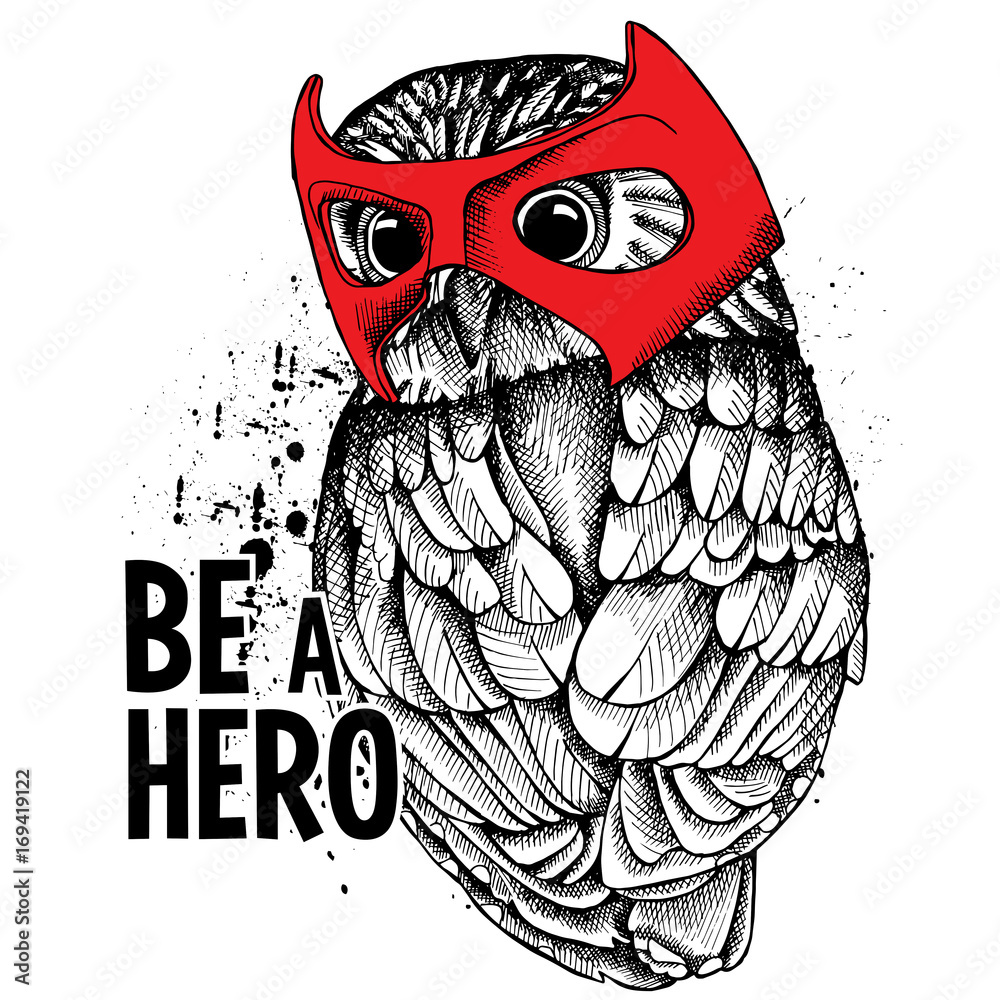 Obraz premium Portrait of a owl wearing the red mask of hero. Vector illustration.