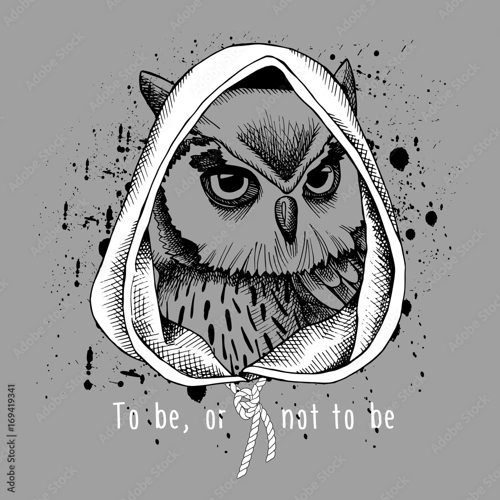 Fototapeta premium Owl portrait in a hood on gray background. Vector illustration.