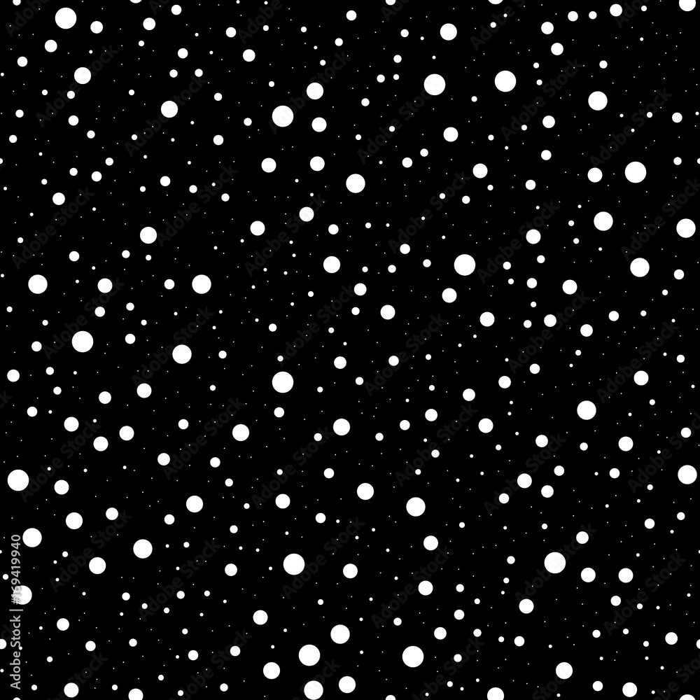 White polka dots seamless pattern on black background. Remarkable classic white polka dots textile pattern in restrained colours. Seamless scattered confetti fall chaotic decor. Vector illustration.