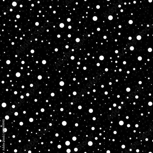 White polka dots seamless pattern on black background. Remarkable classic white polka dots textile pattern in restrained colours. Seamless scattered confetti fall chaotic decor. Vector illustration.