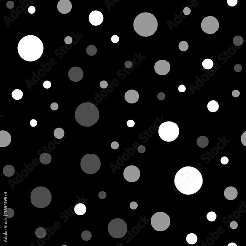 White polka dots seamless pattern on black background. Terrific classic white polka dots textile pattern in restrained colours. Seamless scattered confetti fall chaotic decor. Vector illustration.