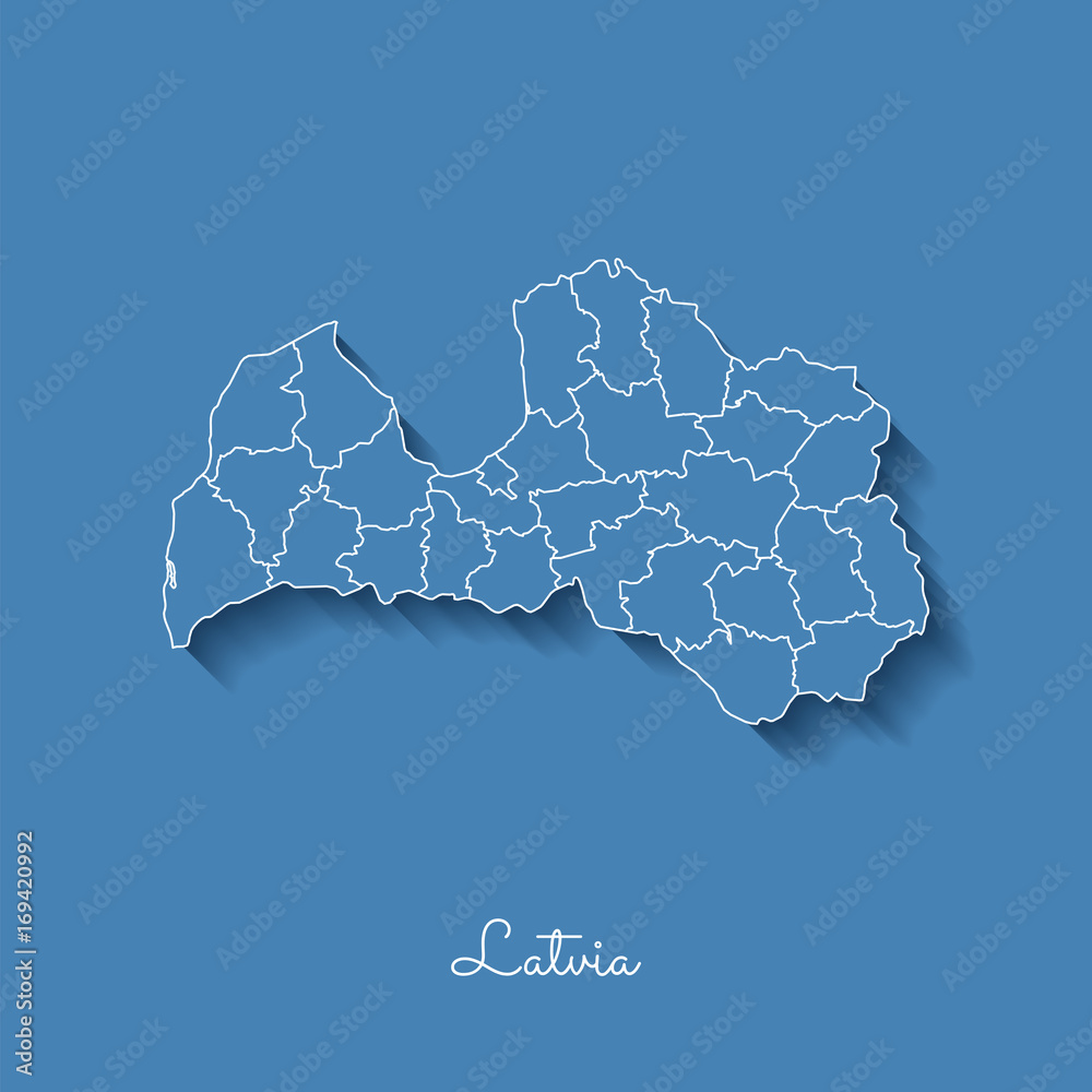 Latvia region map: blue with white outline and shadow on blue ...