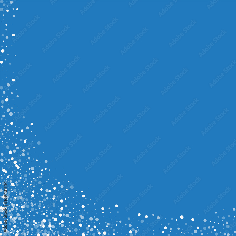 Random falling white dots. Abstract left bottom corner with random falling white dots on blue background. Vector illustration.