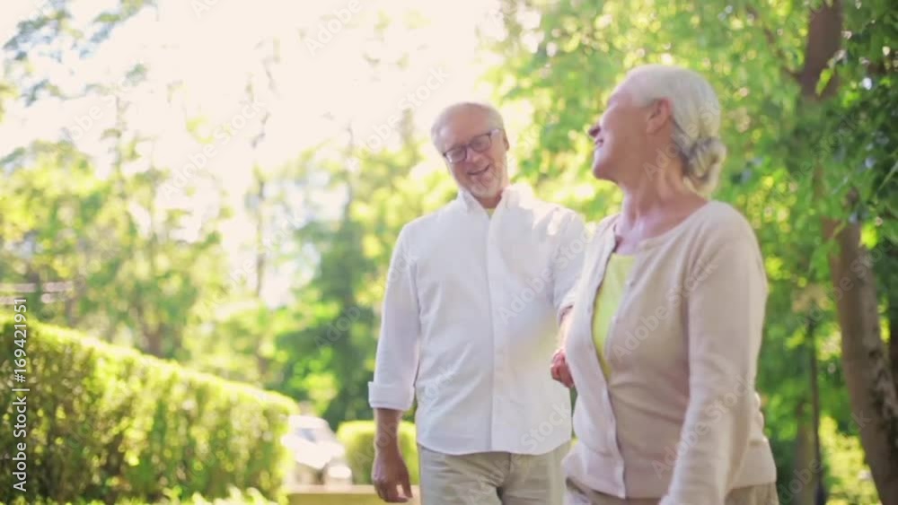 happy senior couple walking at summer city park happy senior couple walking at summer city park