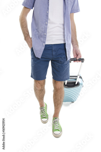 Man traveling with suitcases. Isolated on white background