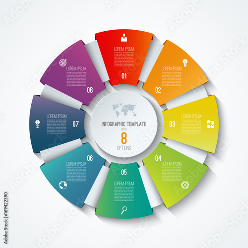Circle infographic template. Process wheel. Vector pie chart. Business concept with 8 options, parts, steps. Can be used for diagram, graph, chart, step by step infographics, web design