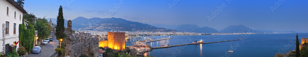 Panoramic view of Alanya harbor after sunset. Alanya, Turkey Panoramic view of Alanya harbor after sunset. Alanya, Turkey