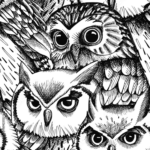 Seamless pattern with owls image. Vector black and white illustration.