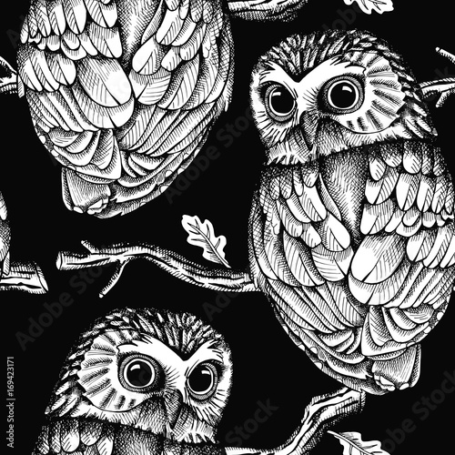 Seamless pattern depicting owls on oak branches. Vector black and white illustration.