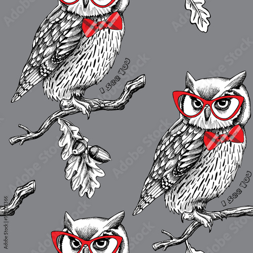 Seamless pattern with owls in glasses and red tie on a oak branch. Vector illustration.