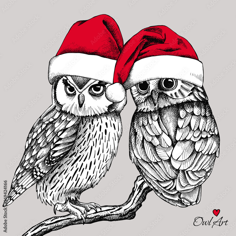 Fototapeta premium Christmas card. Image of two owls on a branch in Santa hats. Vector illustration.