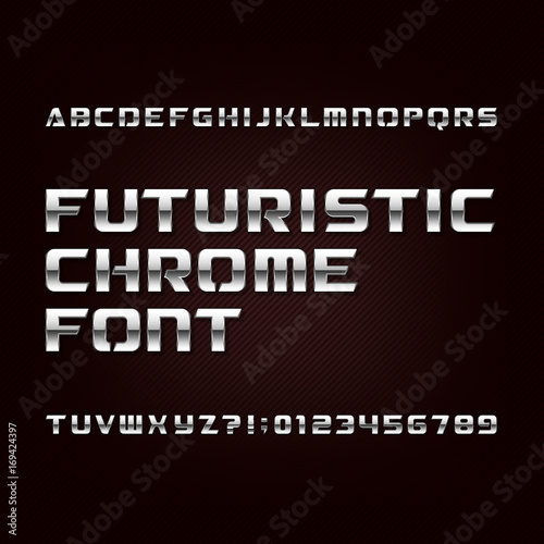 Futuristic chrome alphabet font. Metallic effect letters and numbers on a dark background. Stock vector typeface for your design.